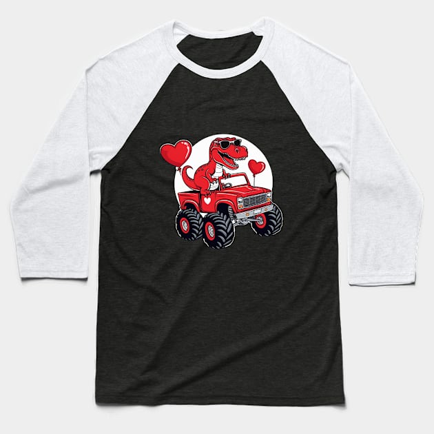 Kids Valentines Day T Rex Riding Monster Truck Funny Toddler Baseball T-Shirt by Monosshop